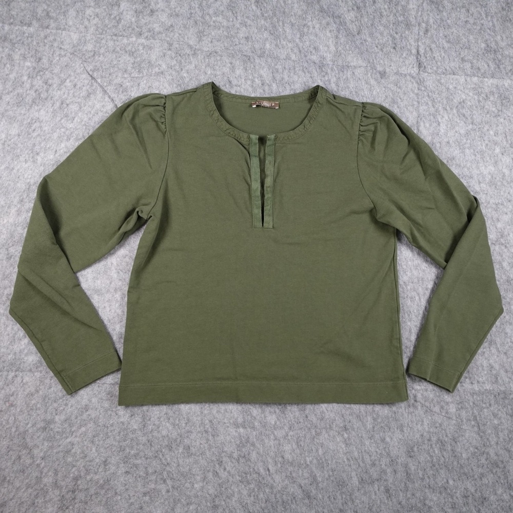 Lilla P Top Womens Medium Green Puff Sleeve Hook Eye Split Neck Blouse Casual